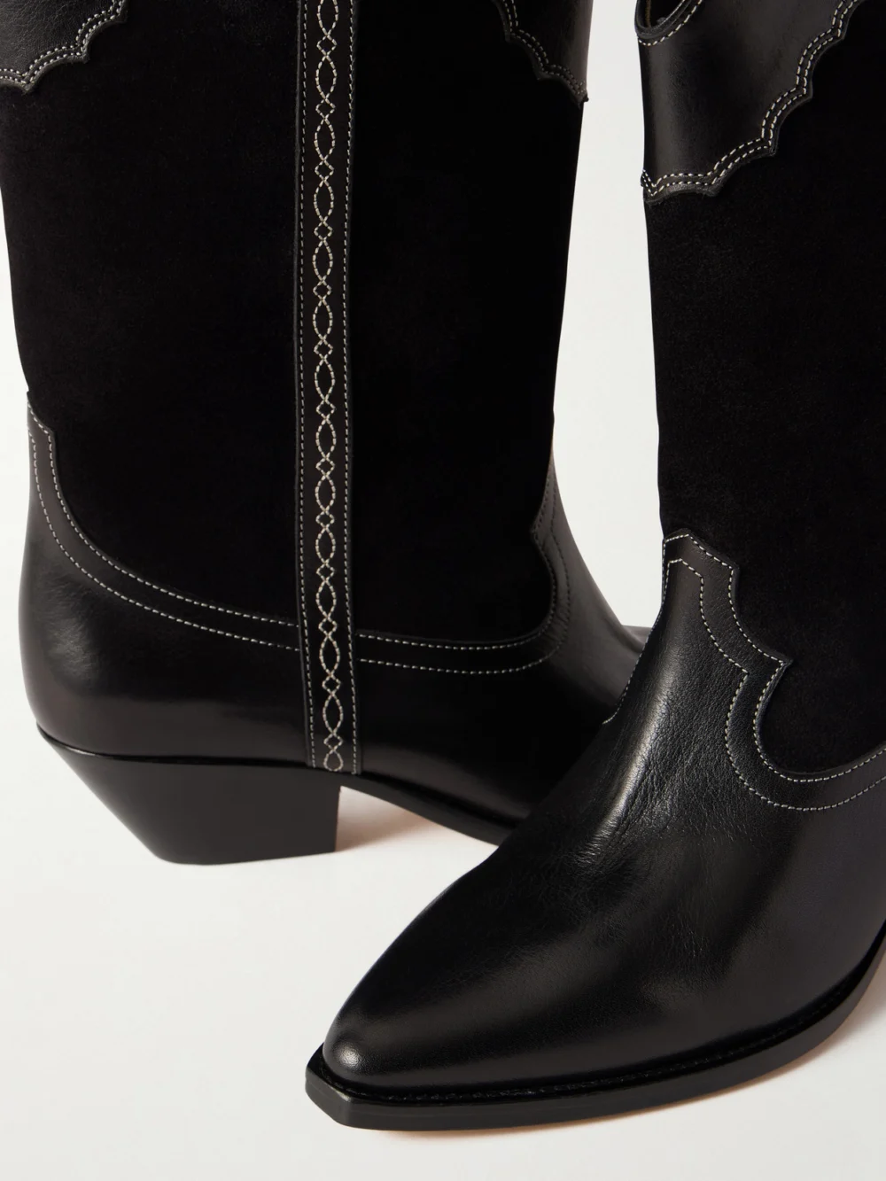 Close-up detail of the Isabel Marant Duerto Embroidered Suede and Leather Ankle Boots