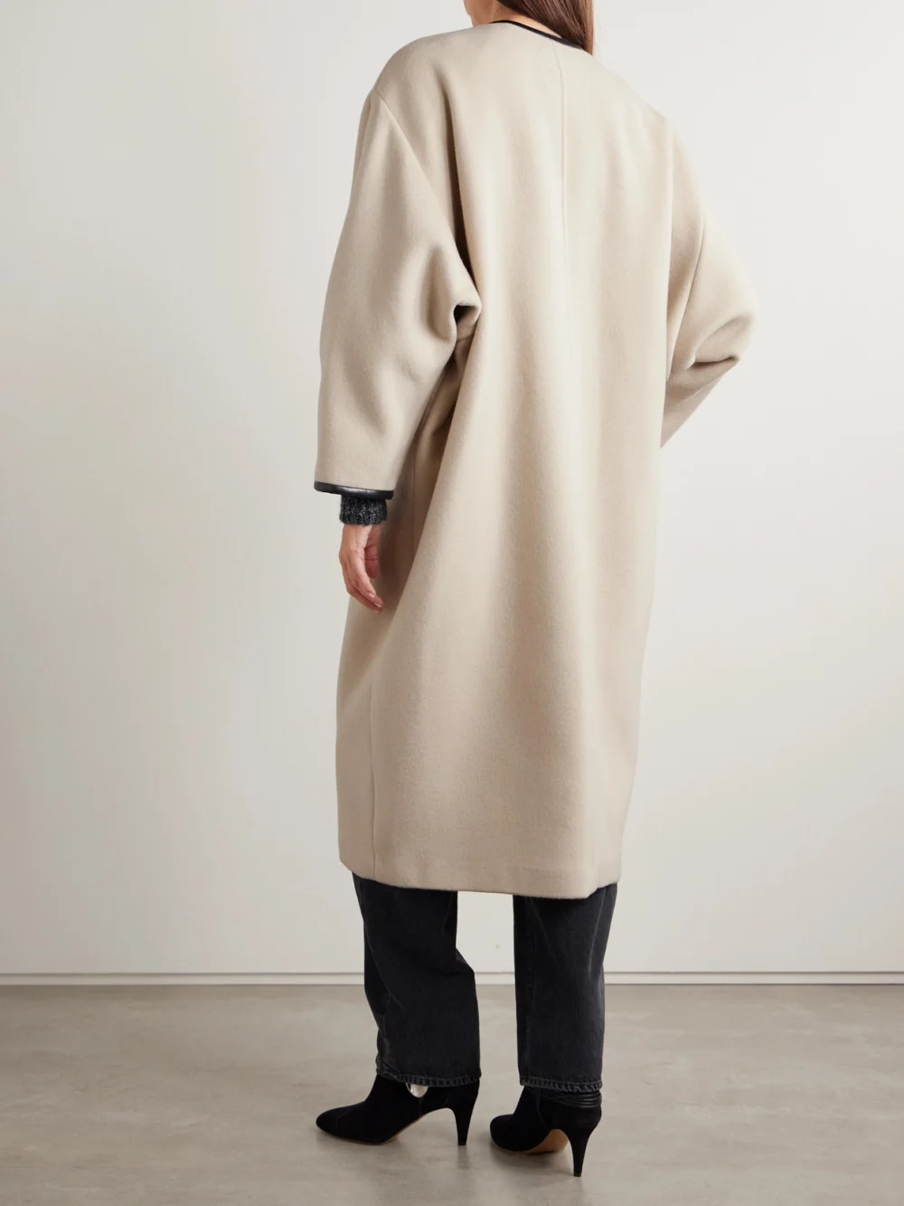 Back view of the Isabel Marant Elza Oversized Faux Leather-trimmed Wool-blend Felt Coat