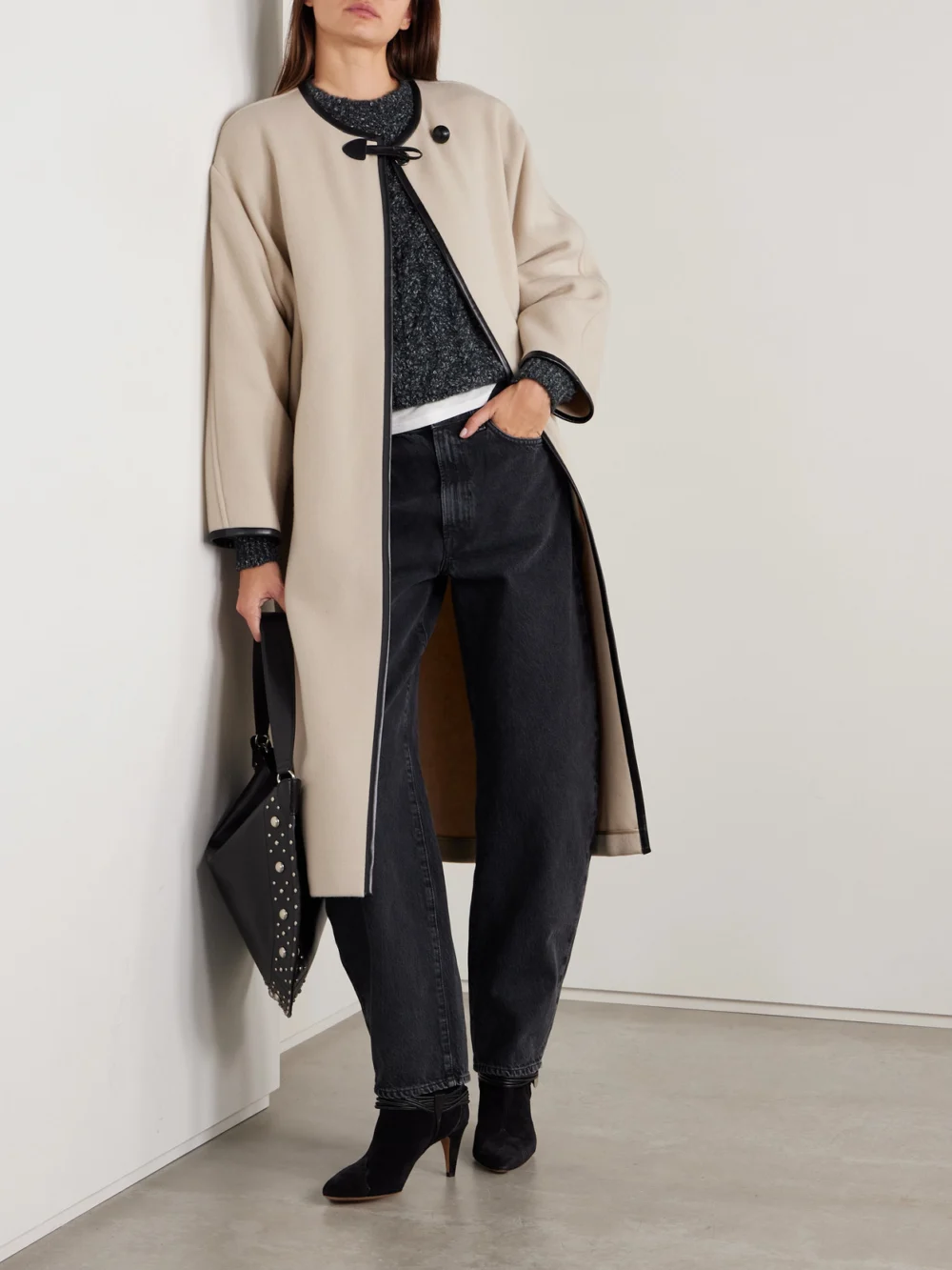 Isabel Marant Elza Oversized Faux Leather-trimmed Wool-blend Felt Coat, worn by a model