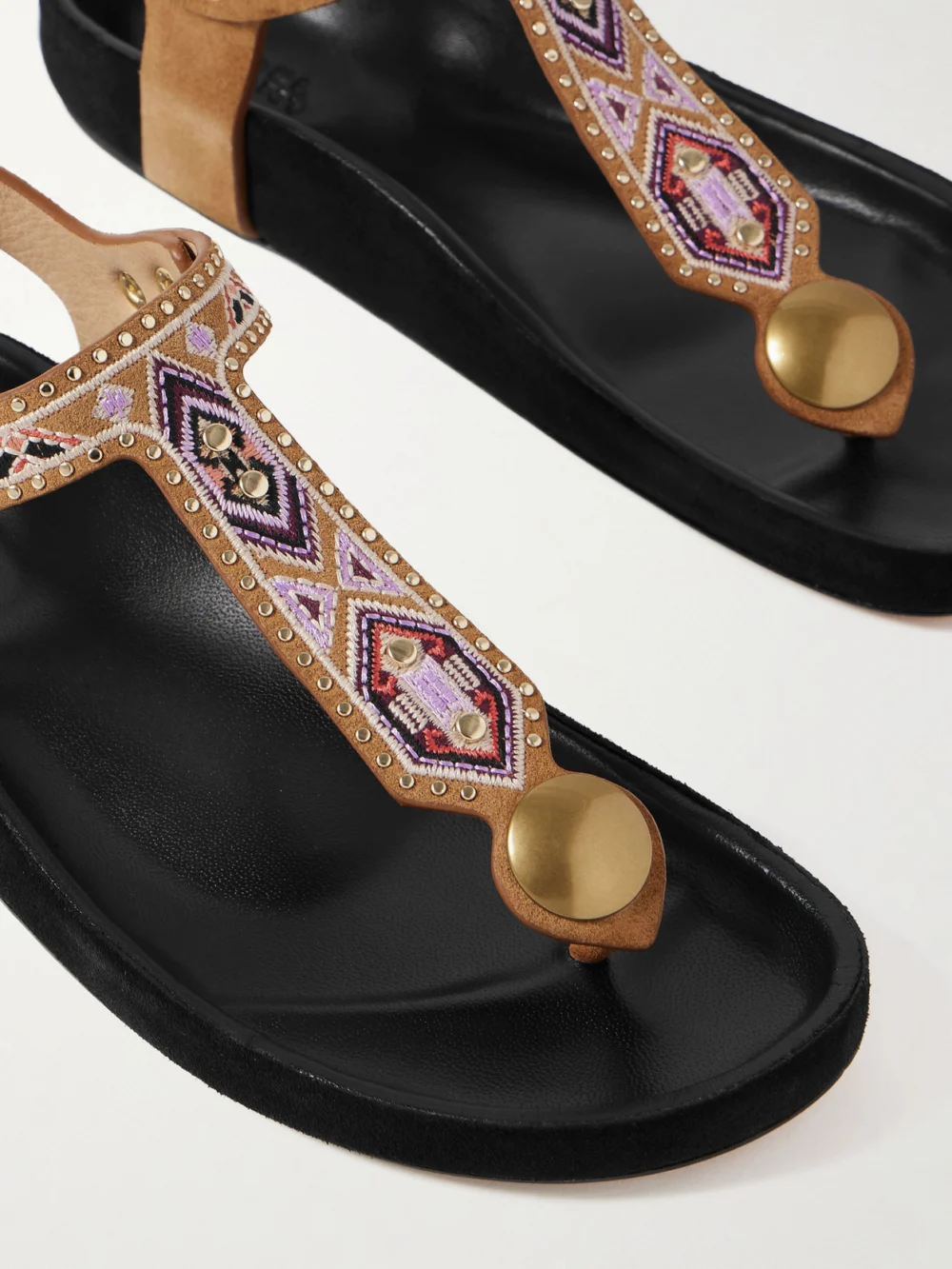Close-up detail of the Isabel Marant Enore Studded Embroidered Suede Sandals