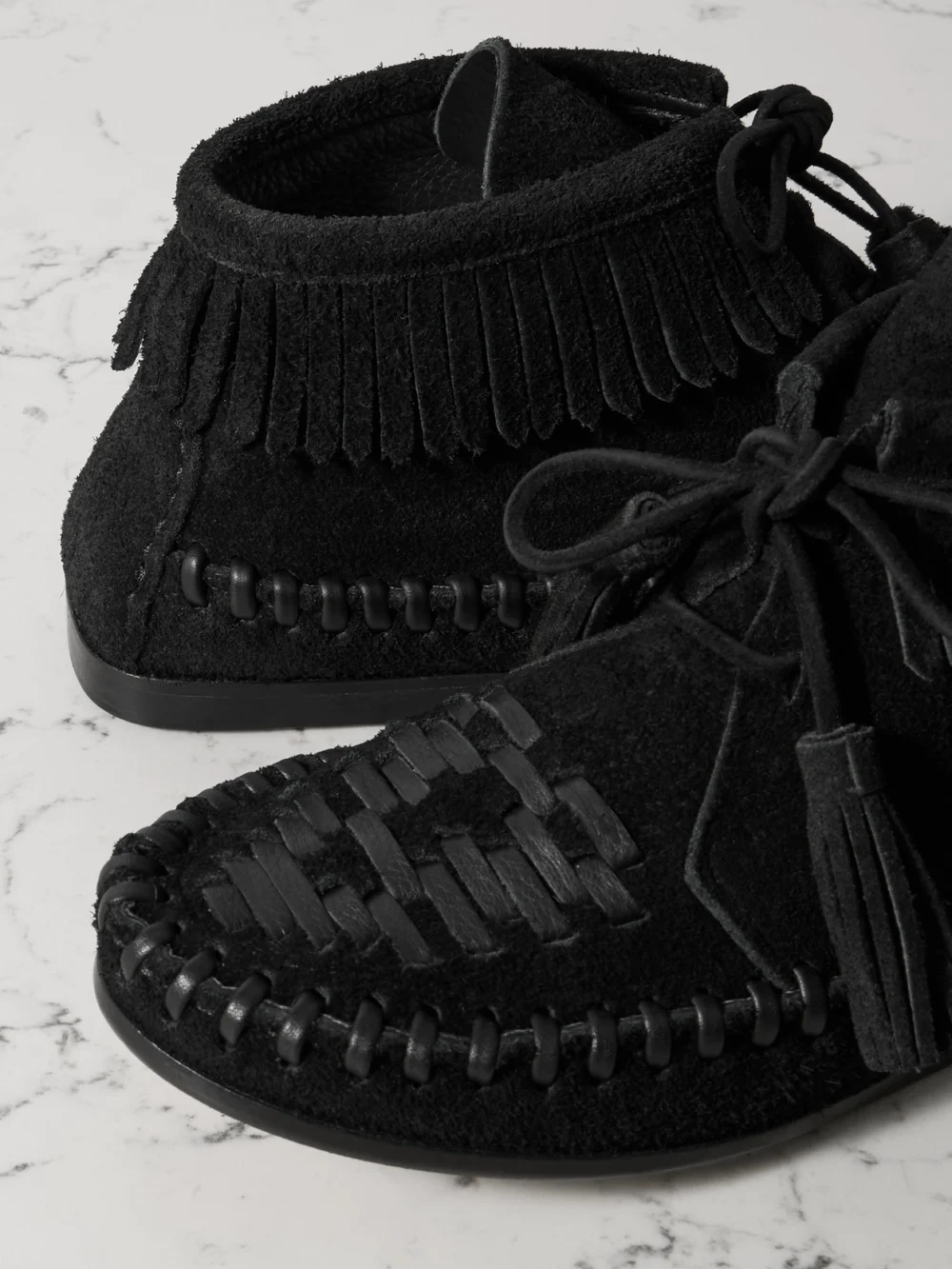 Close-up detail of the Isabel Marant Felsa Fringed Tasseled Leather-trimmed Suede Ankle Boots