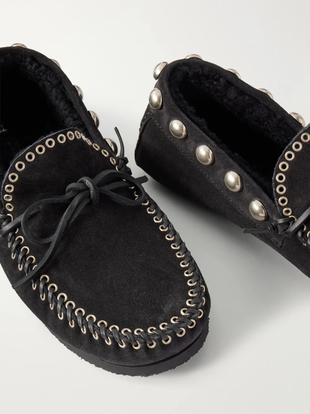 Close-up detail of the Isabel Marant Fitza Studded Shearling-trimmed Suede Loafers
