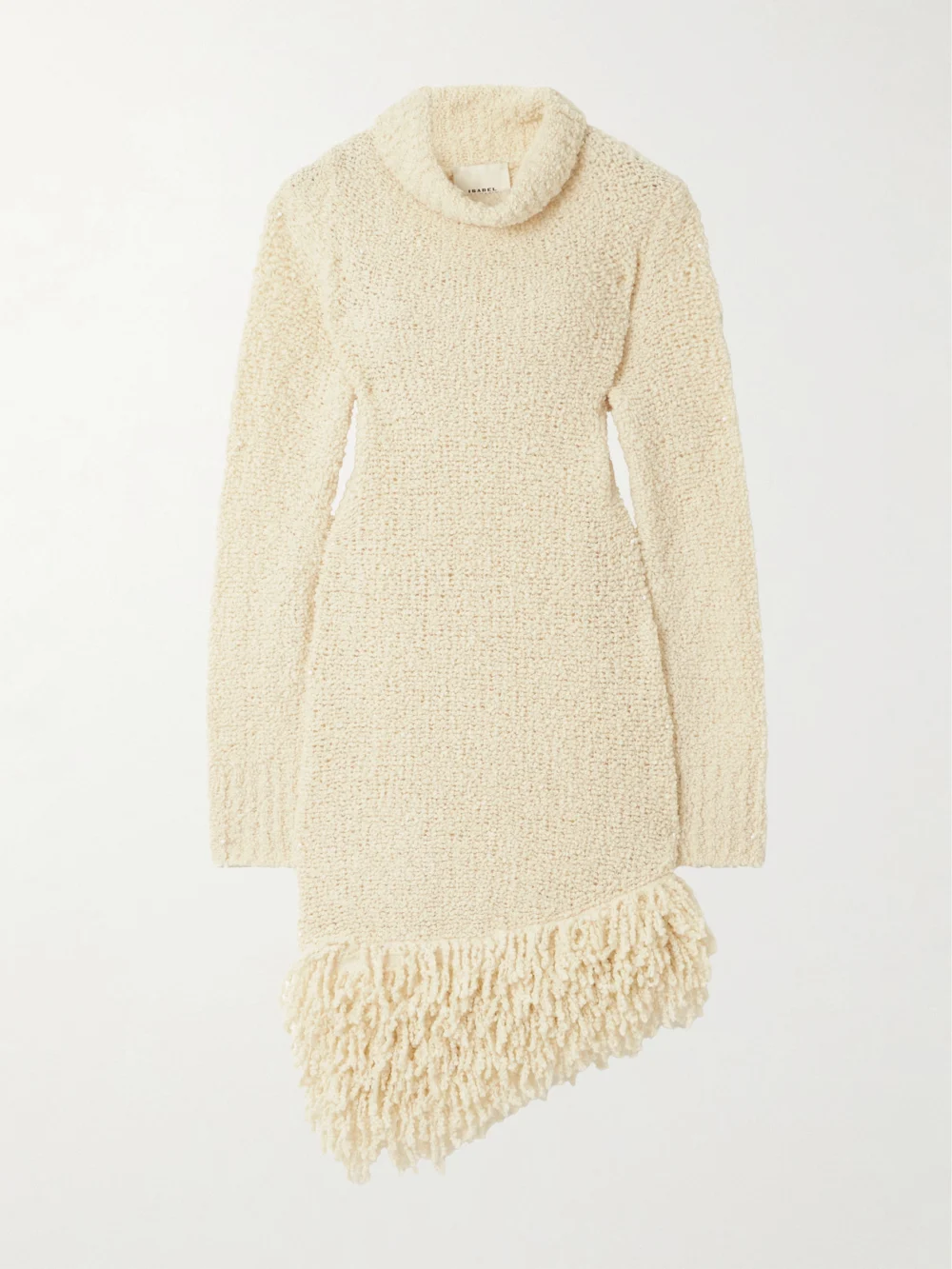 Isabel Marant Fringed Wool-blend Bouclé Turtleneck Midi Dress in ecru