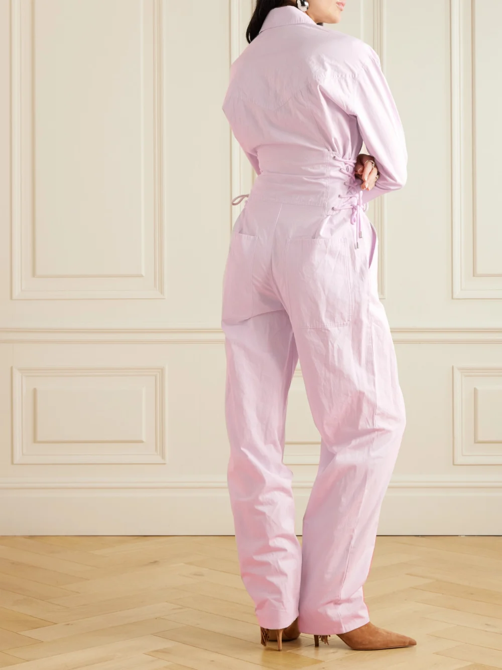 Back view of the Isabel Marant Irianna Lace-up Pleated Cotton-canvas Jumpsuit