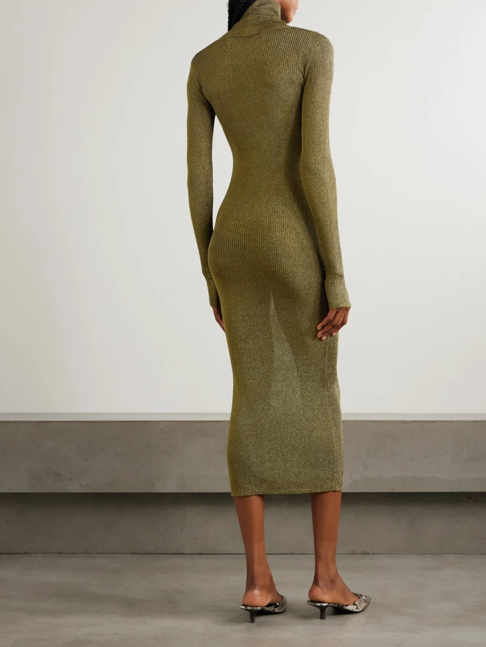 Back view of the Isabel Marant Josita Metallic Ribbed-knit Turtleneck Midi Dress
