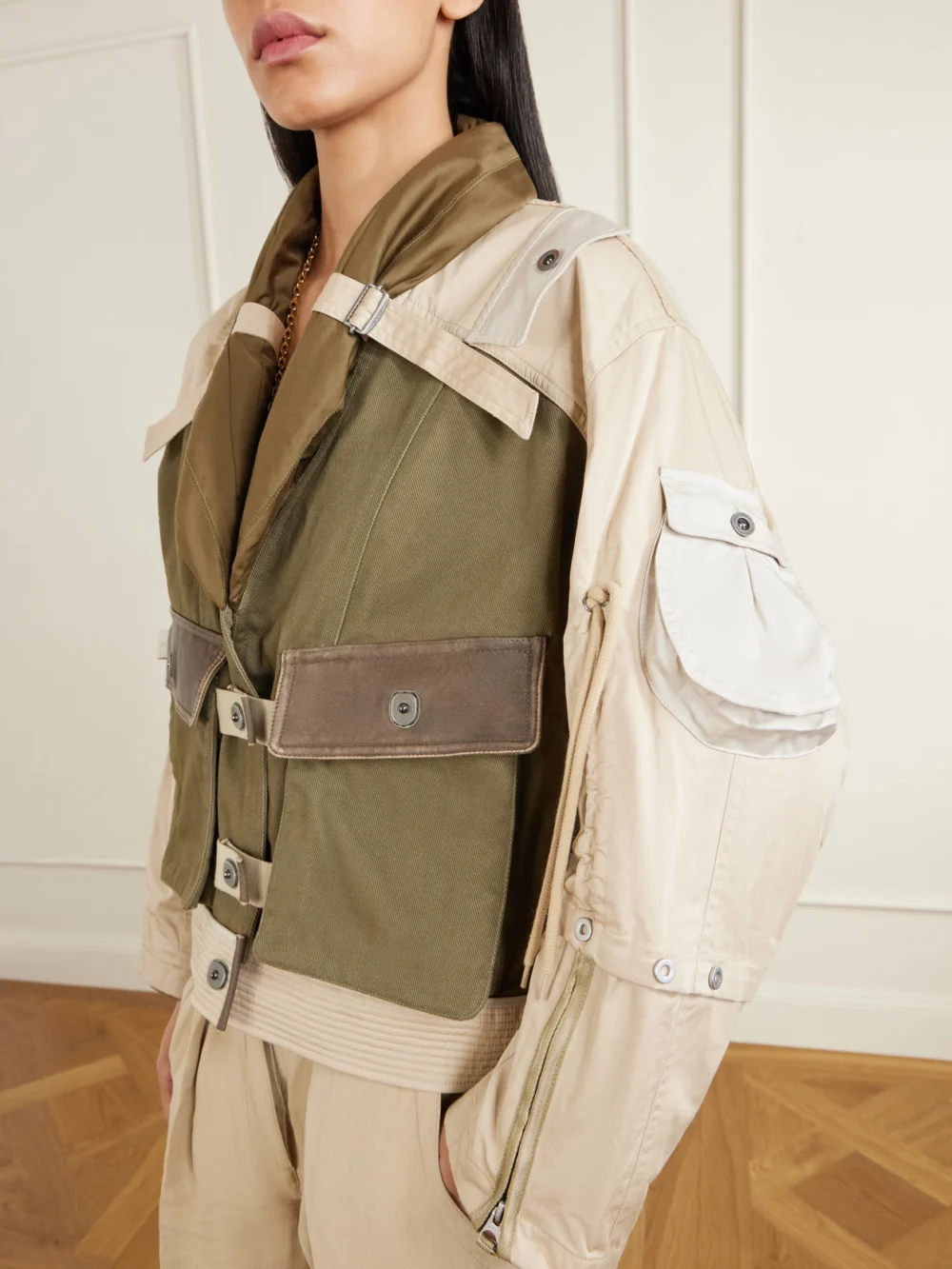 Close-up detail of the Isabel Marant Julissa Leather-trimmed Organic Cotton Jacket