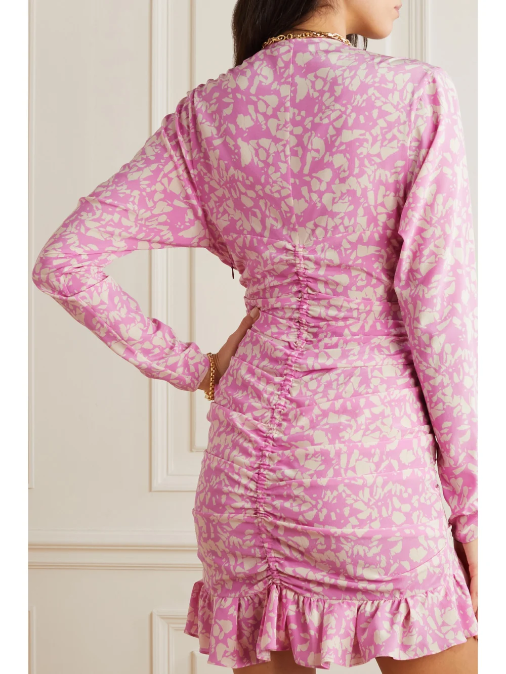 Back view of the Isabel Marant Lara Ruched Printed Stretch-silk Mini Dress