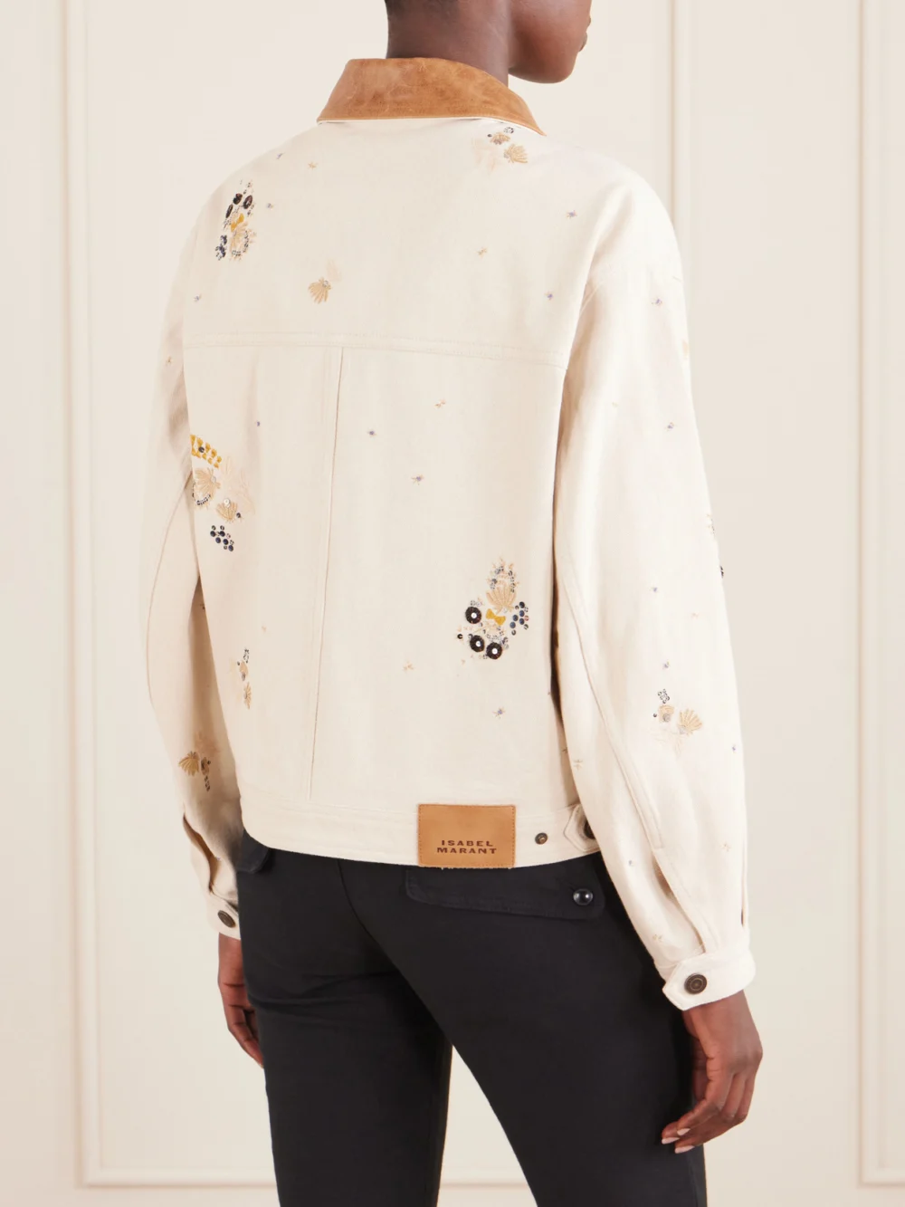 Back view of the Isabel Marant Lavine Leather-trimmed Embellished Embroidered Denim Jacket