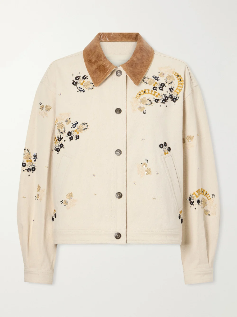 Isabel Marant Lavine Leather-trimmed Embellished Embroidered Denim Jacket in ecru