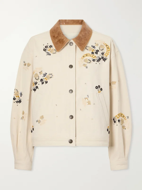 Isabel Marant Lavine Leather-trimmed Embellished Embroidered Denim Jacket