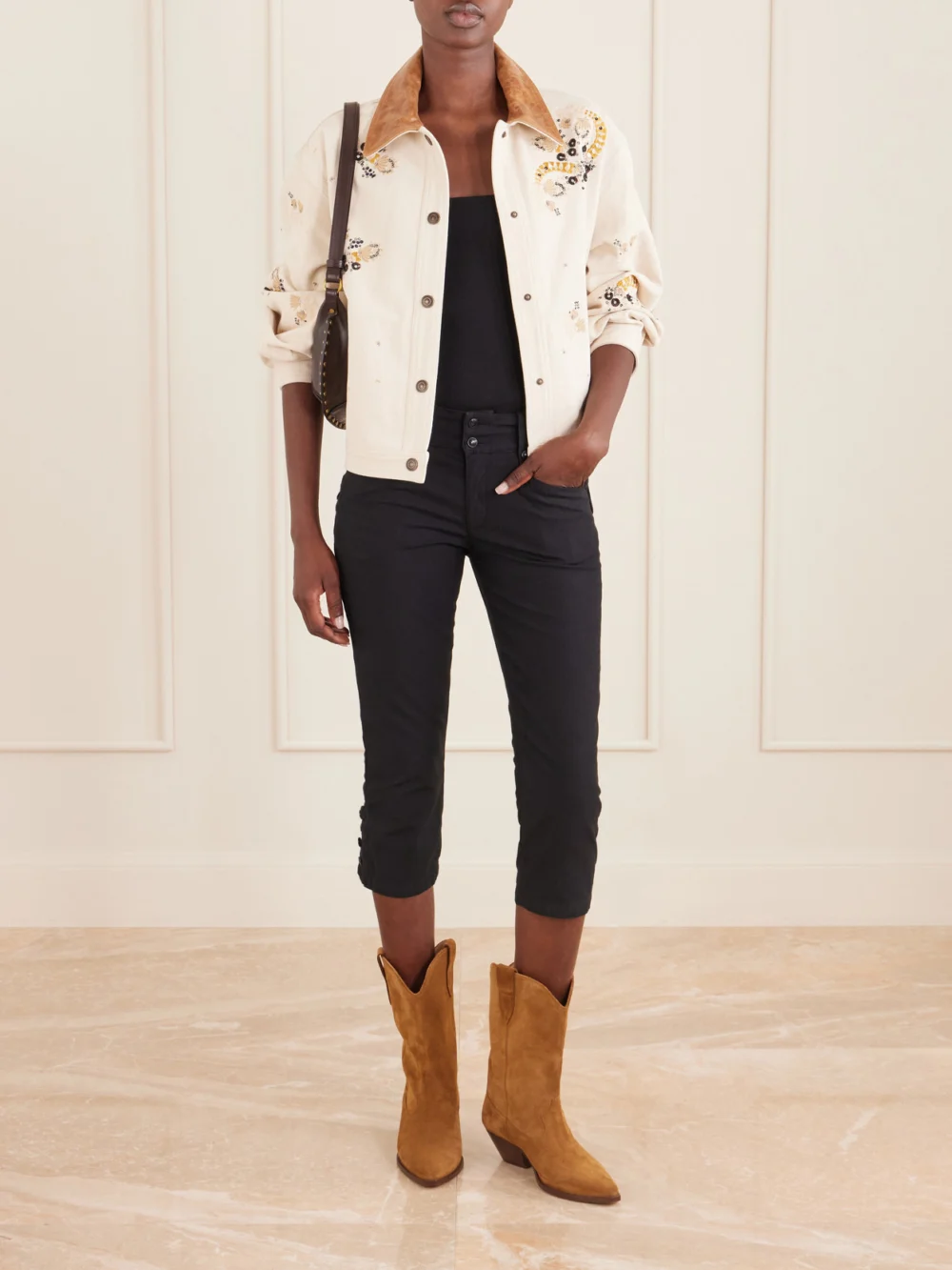 Isabel Marant Lavine Leather-trimmed Embellished Embroidered Denim Jacket, worn by a model
