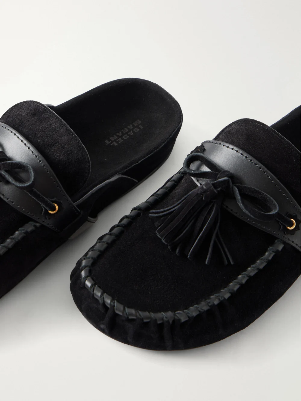 Close-up detail of the Isabel Marant Malvin Tasseled Leather-trimmed Suede Mules