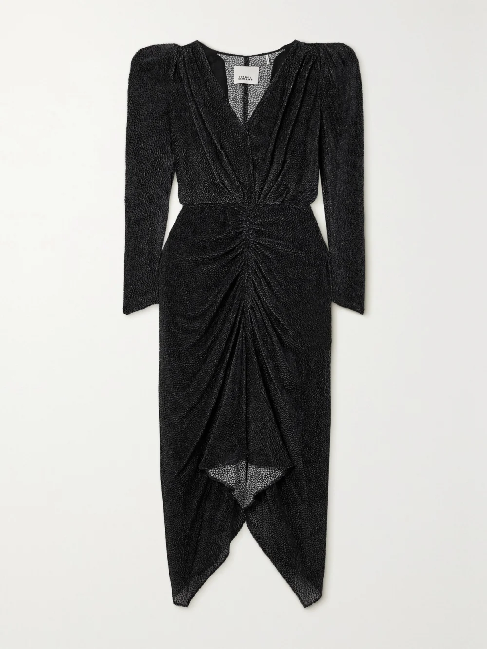 Isabel Marant Maray Ruched Flocked Silk-blend Chiffon Midi Dress in black