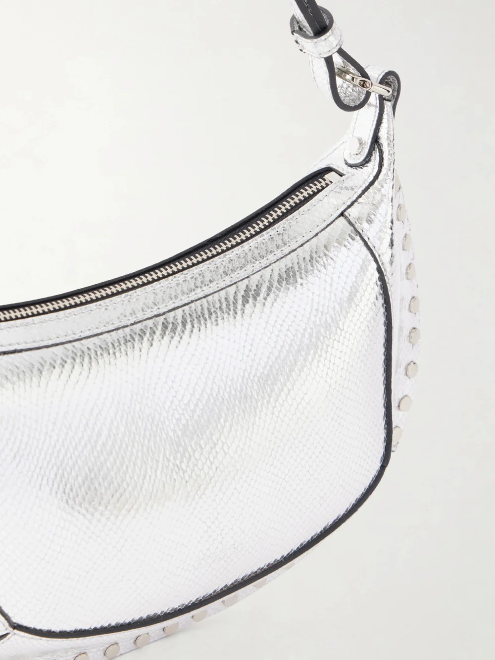 Close-up detail of the Isabel Marant Oskan Moon Embellished Snake-effect Leather Shoulder Bag