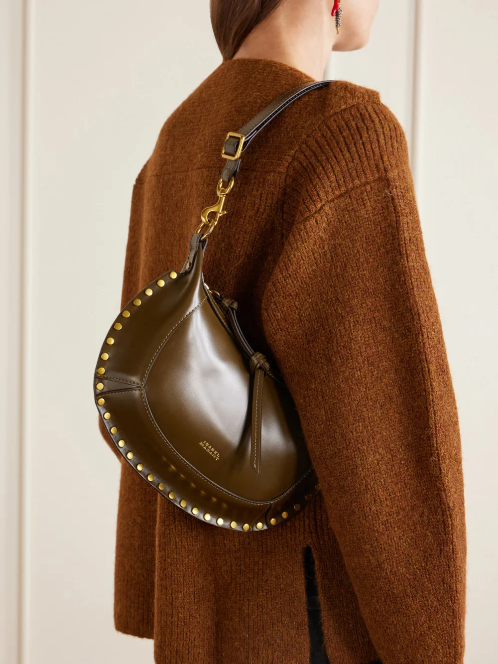 Isabel Marant Oskan Moon Studded Leather Shoulder Bag, styled view