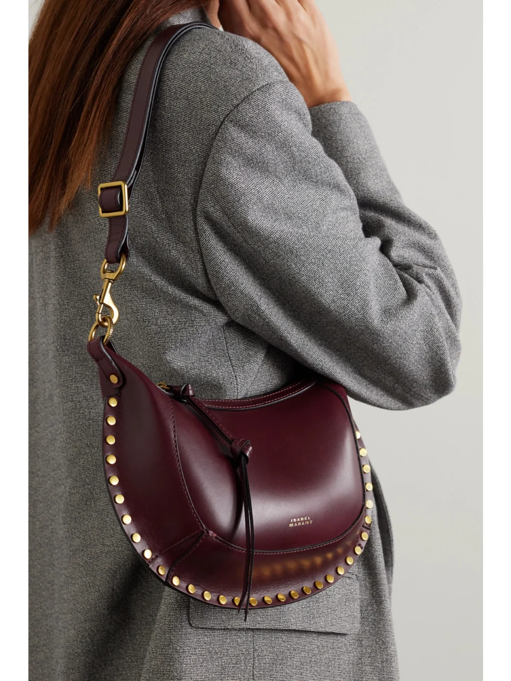 Isabel Marant Oskan Moon Studded Leather Shoulder Bag, styled view