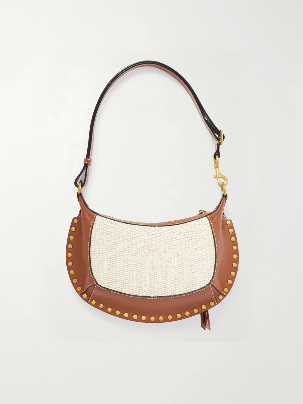 Back view of the Isabel Marant Oskan Moon Studded Leather-trimmed Raffia Shoulder Bag