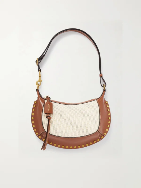 Isabel Marant Oskan Moon Studded Leather-trimmed Raffia Shoulder Bag