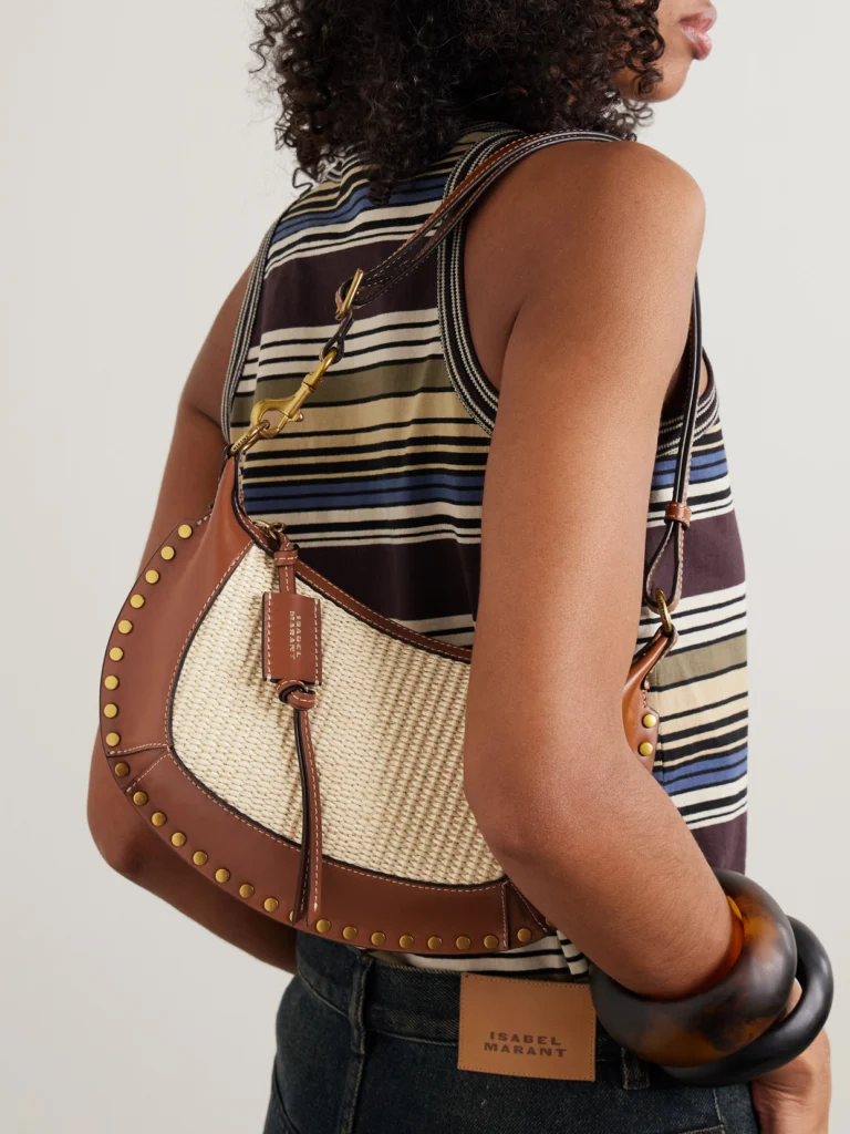 Isabel Marant Oskan Moon Studded Leather-trimmed Raffia Shoulder Bag