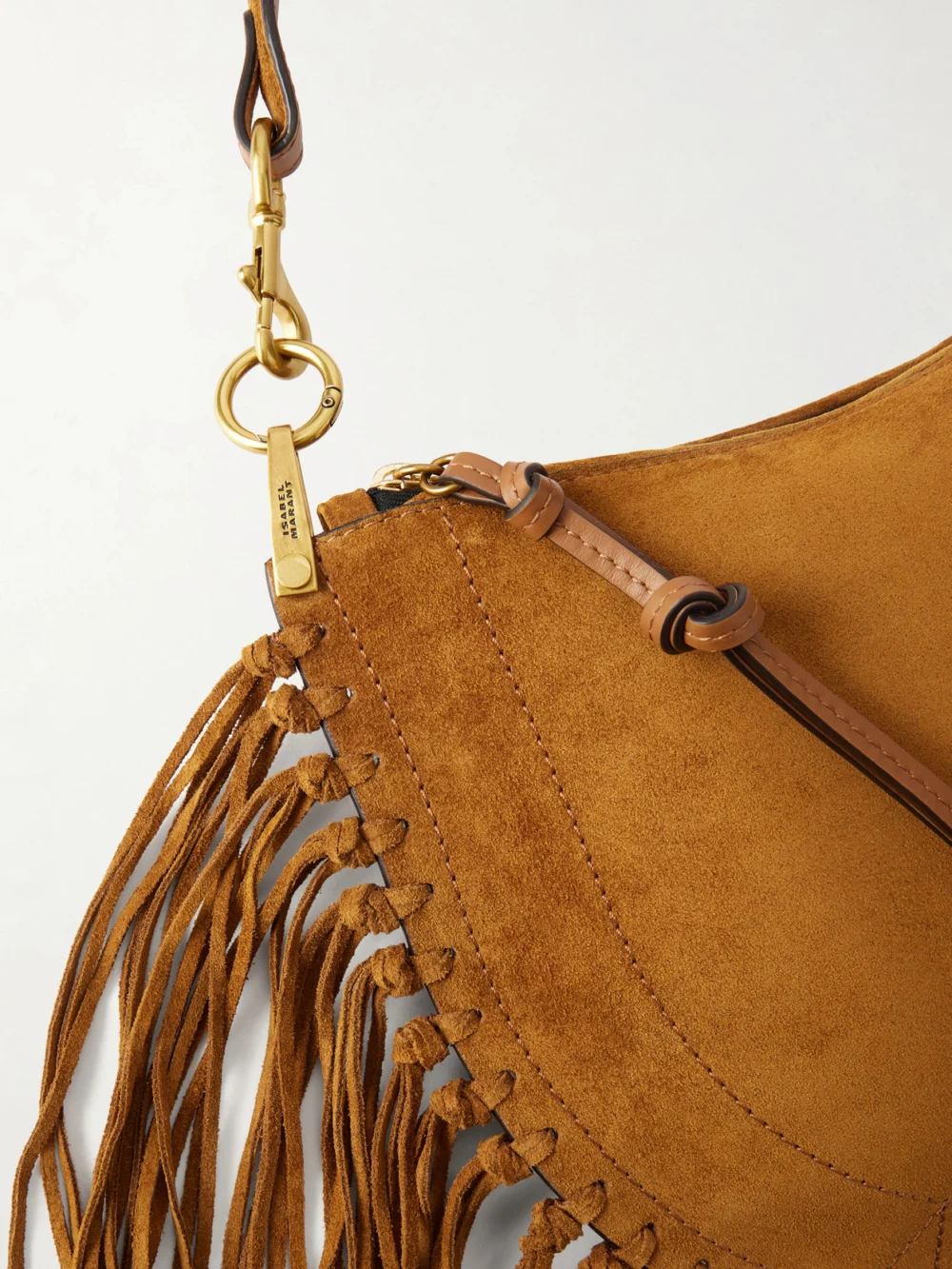 Close-up detail of the Isabel Marant Oskan Soft Fringed Suede Shoulder Bag