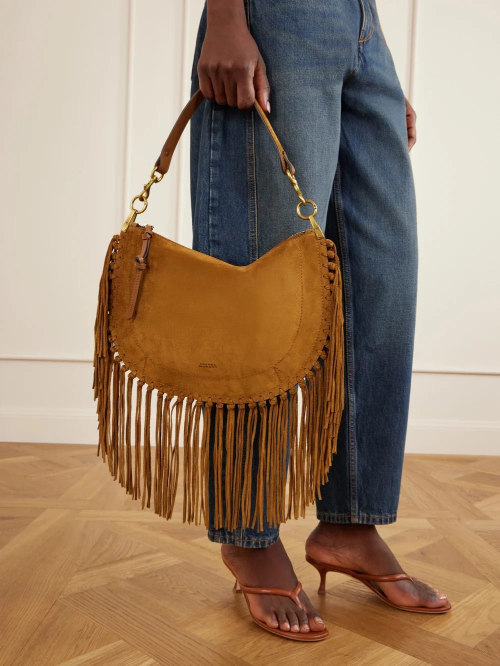 Isabel Marant Oskan Soft Fringed Suede Shoulder Bag, styled view