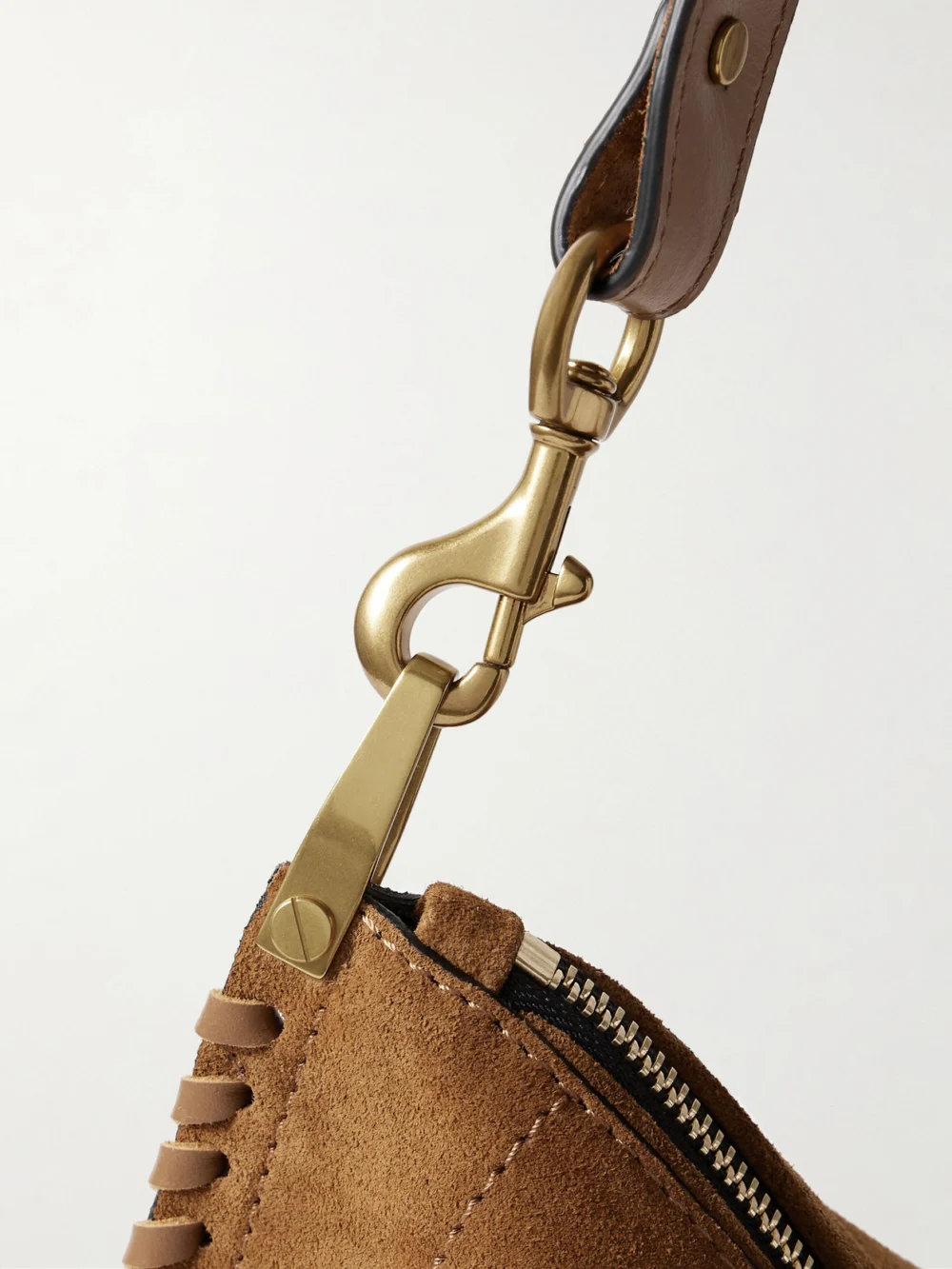 Close-up detail of the Isabel Marant Oskan Soft Zipped Leather-trimmed Suede Shoulder Bag
