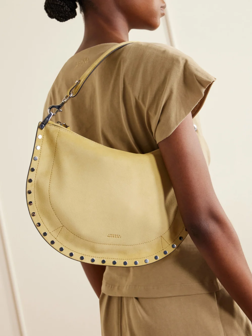 Isabel Marant Oskan Studded Suede Shoulder Bag, styled view