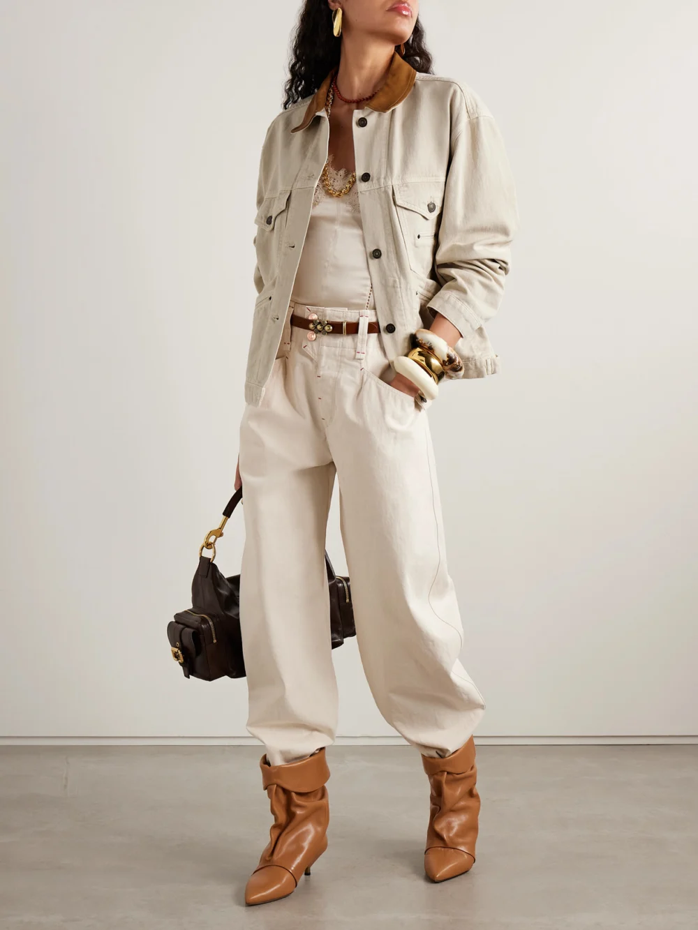 Isabel Marant Petunia Leather-trimmed Organic Cotton and Hemp-blend Twill Jacket, worn by a model