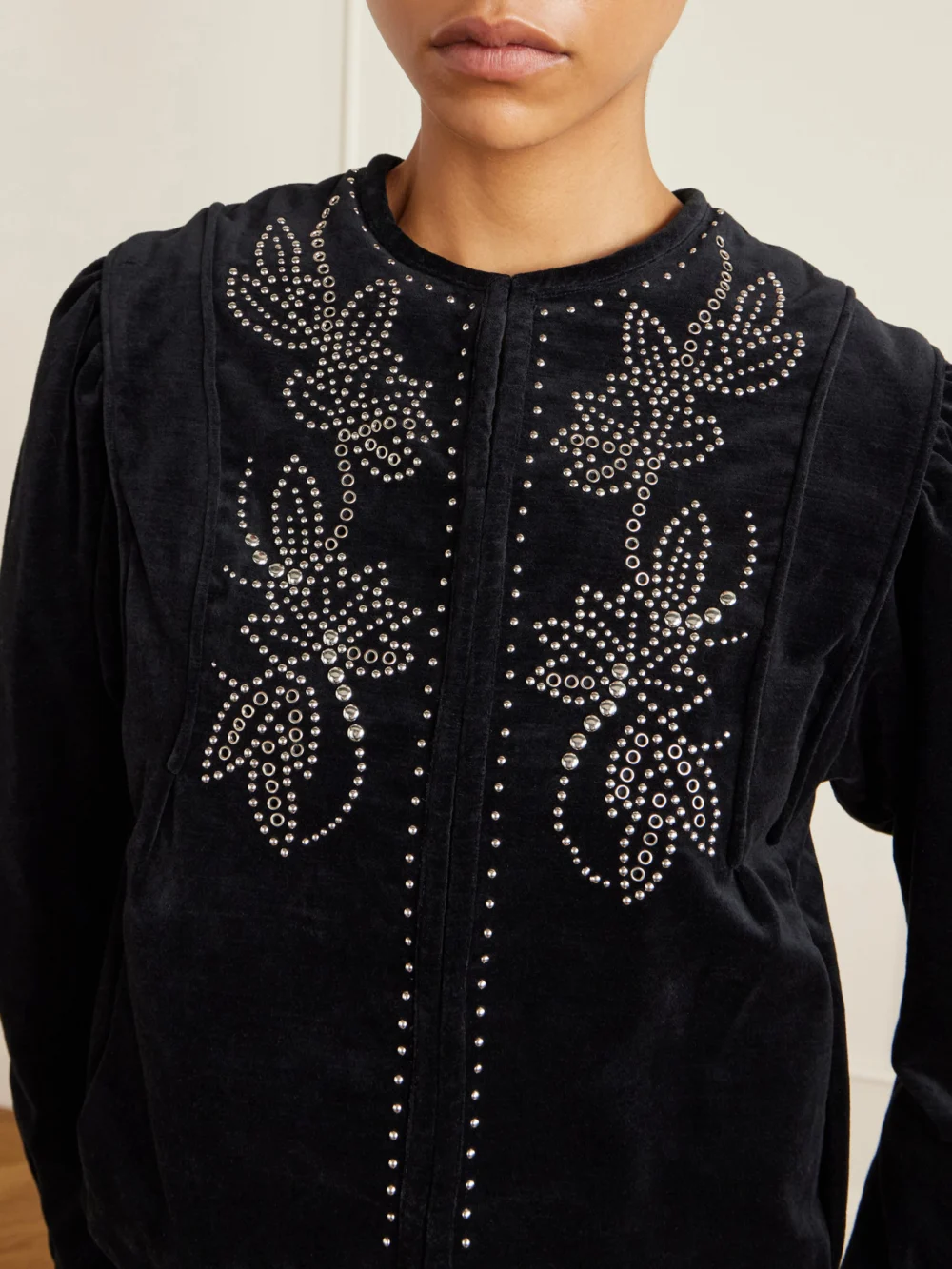 Close-up detail of the Isabel Marant Pietra Studded Cotton-velvet Jacket