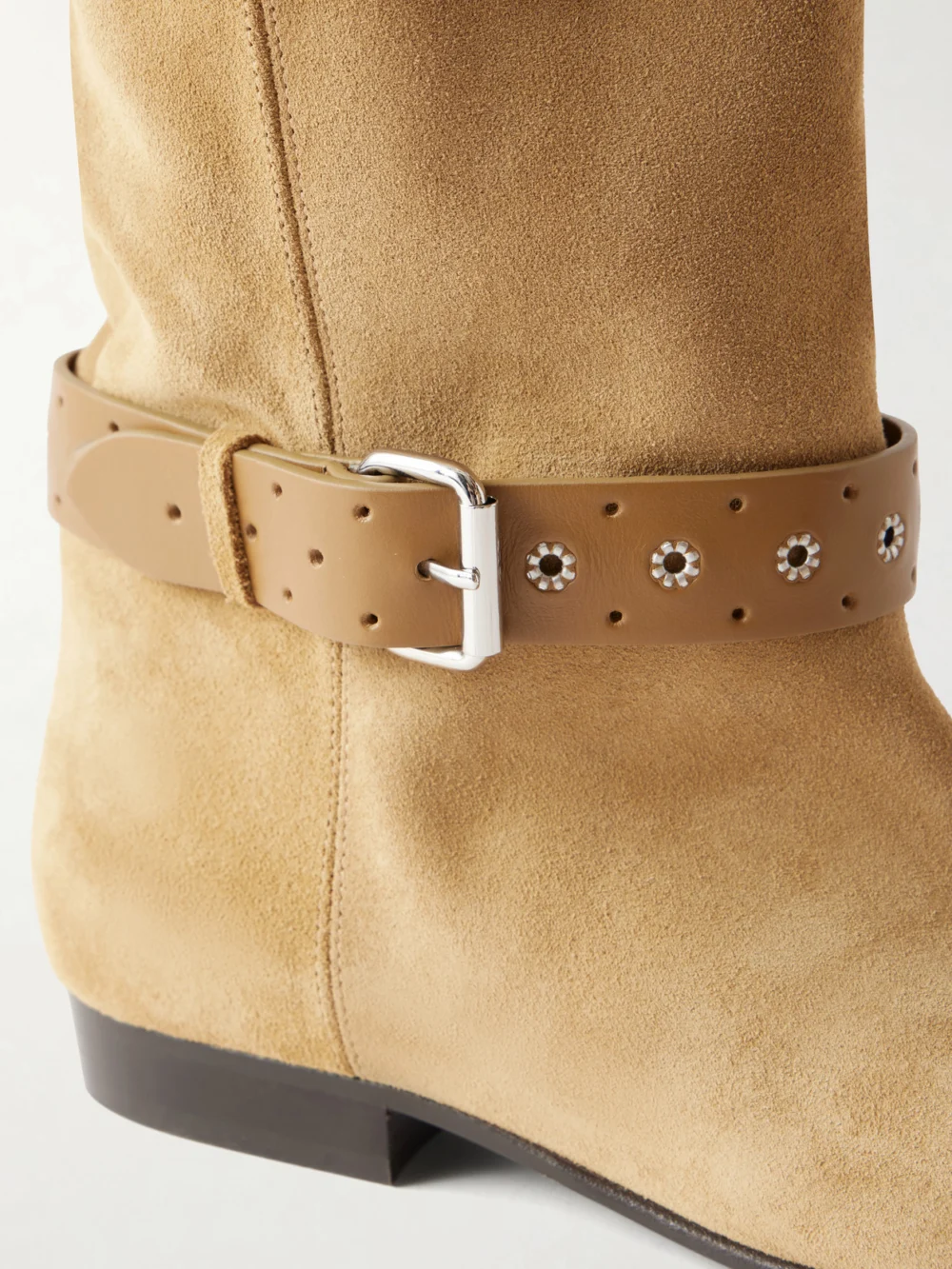 Close-up detail of the Isabel Marant Rilton Eyelet-embellished Leather-trimmed Suede Knee Boots