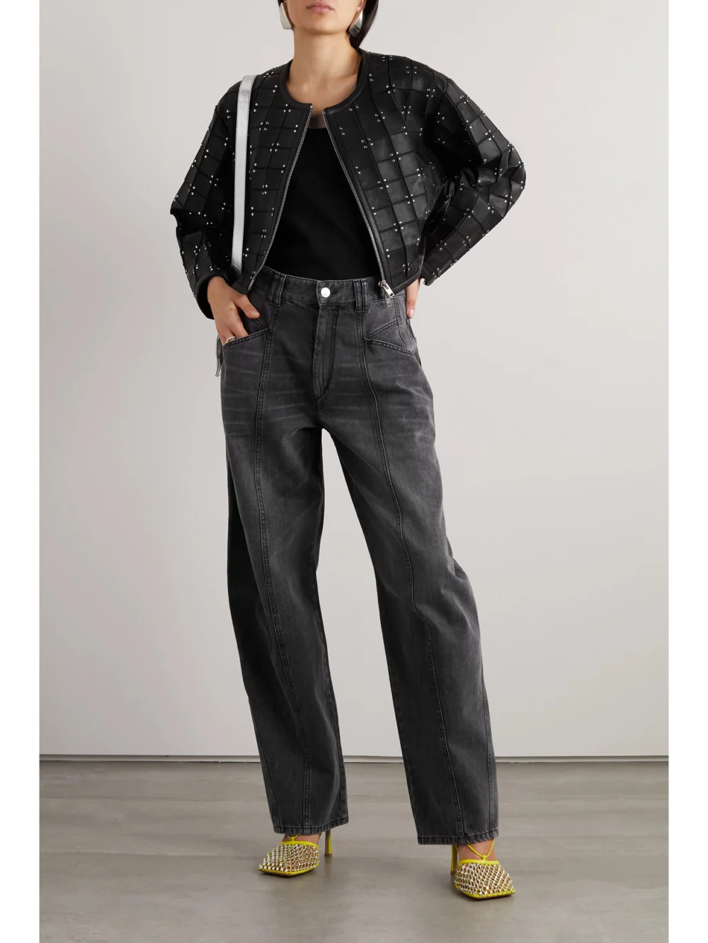 Isabel Marant Rosana Cropped Studded Leather Jacket, worn by a model