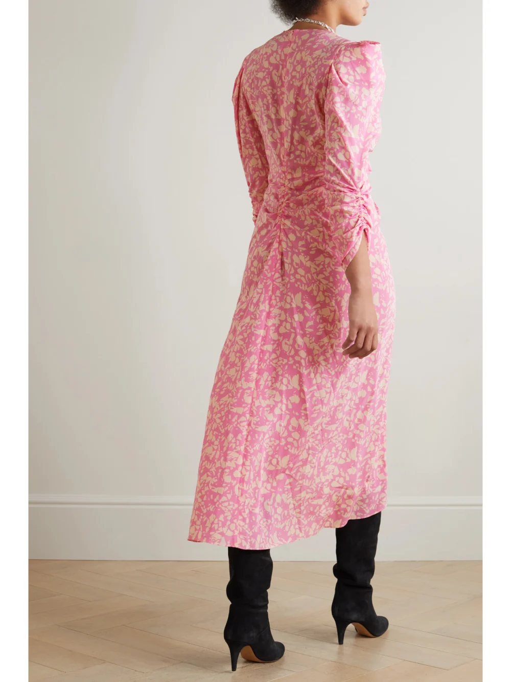 Back view of the Isabel Marant Ruched Floral-print Stretch-silk Crepe Dress