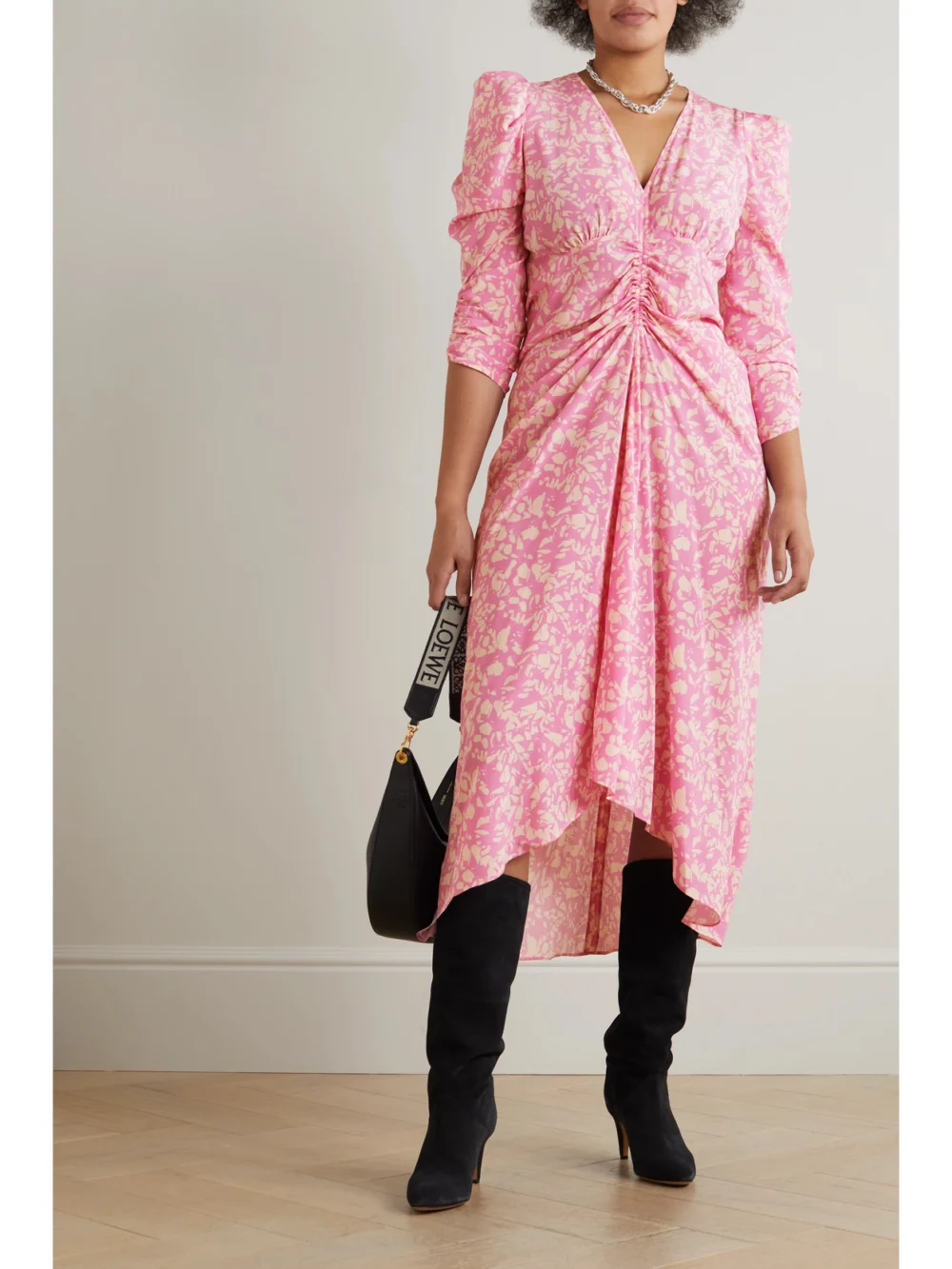 Isabel Marant Ruched Floral-print Stretch-silk Crepe Dress, worn by a model