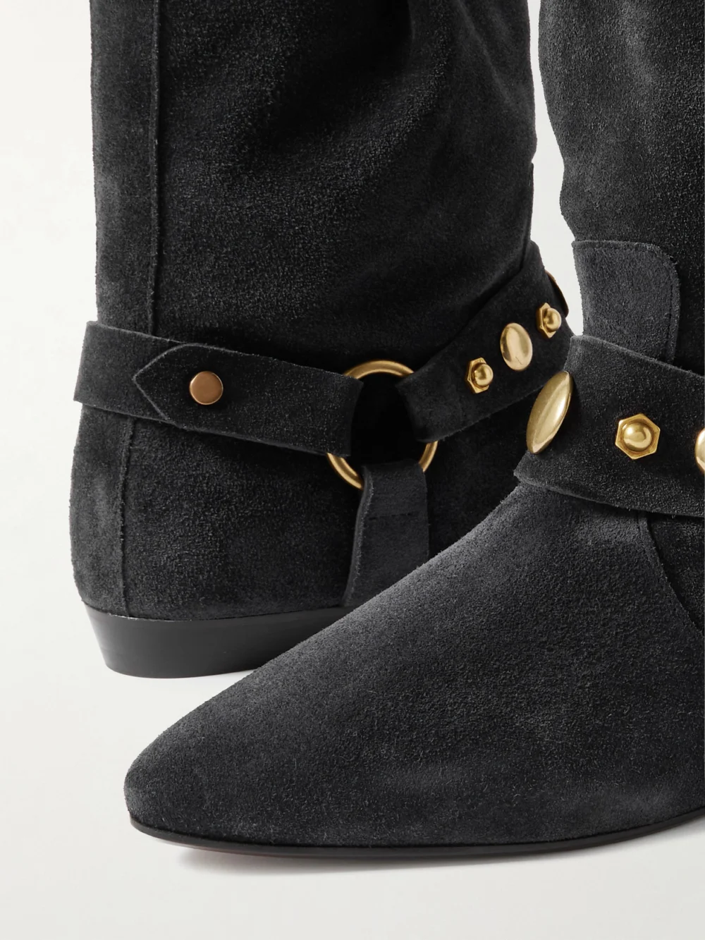 Close-up detail of the Isabel Marant Stania Studded Suede Ankle Boots