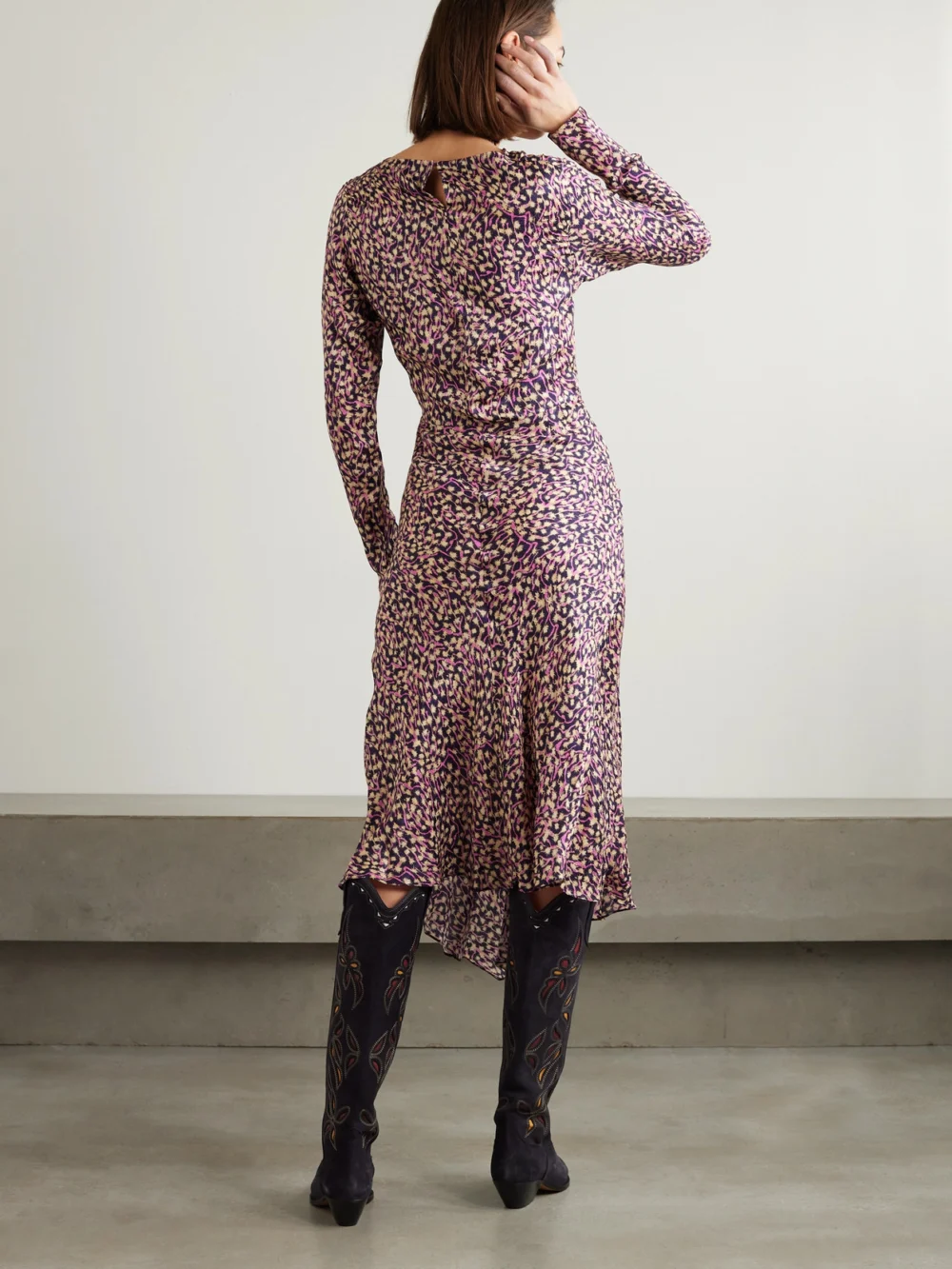 Back view of the Isabel Marant Ulani Asymmetric Gathered Crepe Midi Dress