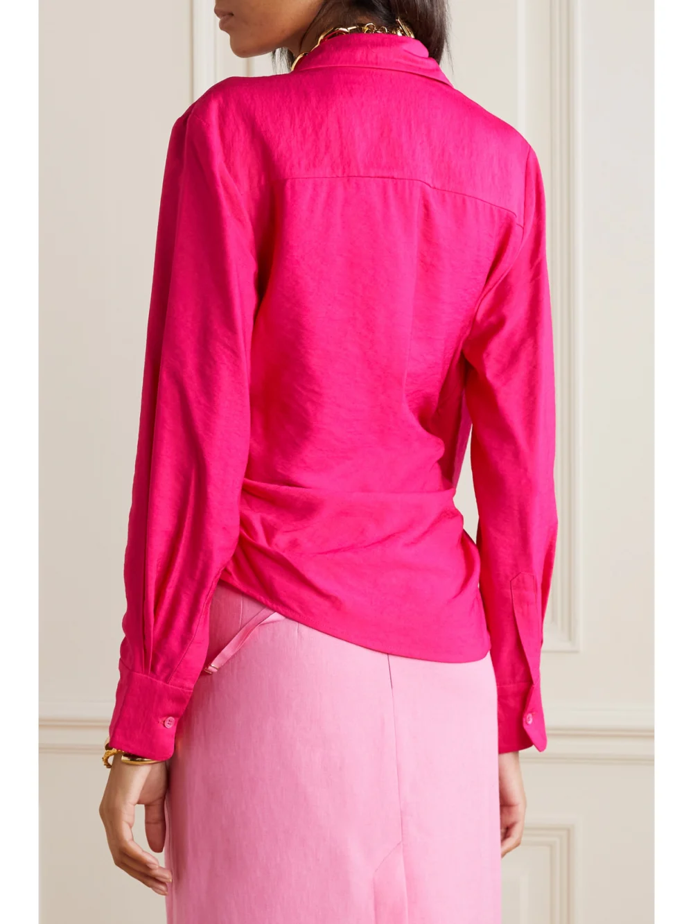 Back view of the Jacquemus Bahia Knotted Draped Satin-twill Shirt