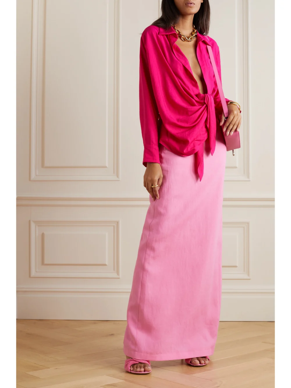 Jacquemus Bahia Knotted Draped Satin-twill Shirt, worn by a model