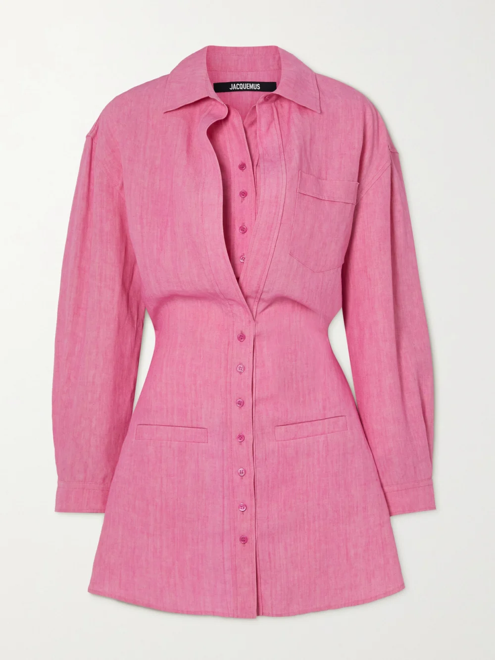 Jacquemus Baunhilha Layered Linen Mini Shirt Dress in fuchsia