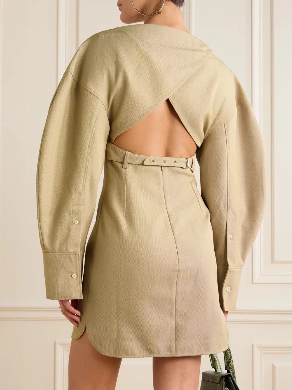 Back view of the Jacquemus Casaco Belted Open-back Twill Mini Dress