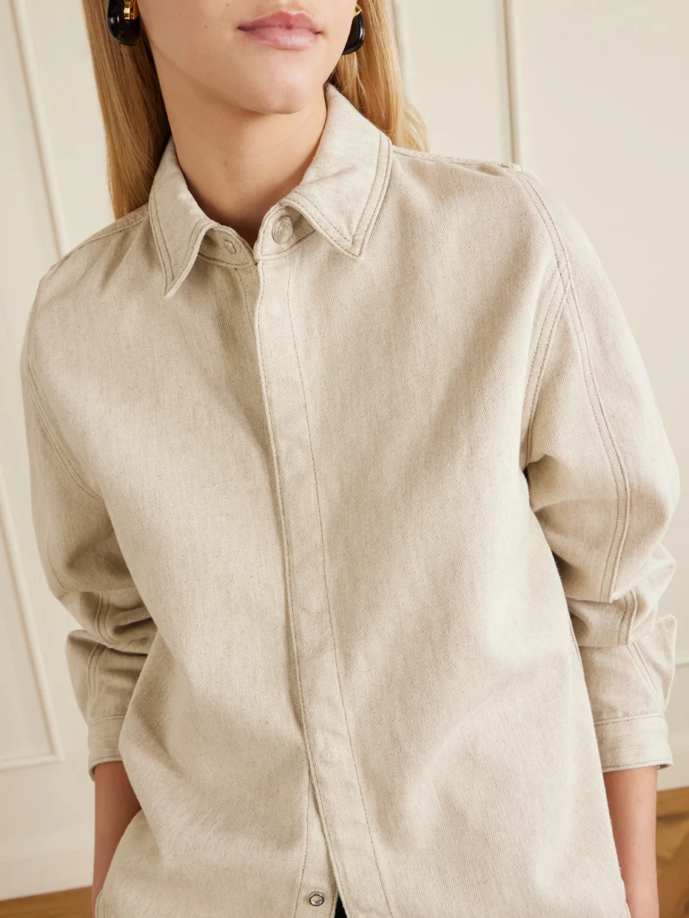 Close-up detail of the Jacquemus La Chemise Amelo De-nîmes Cotton and Hemp-blend Shirt