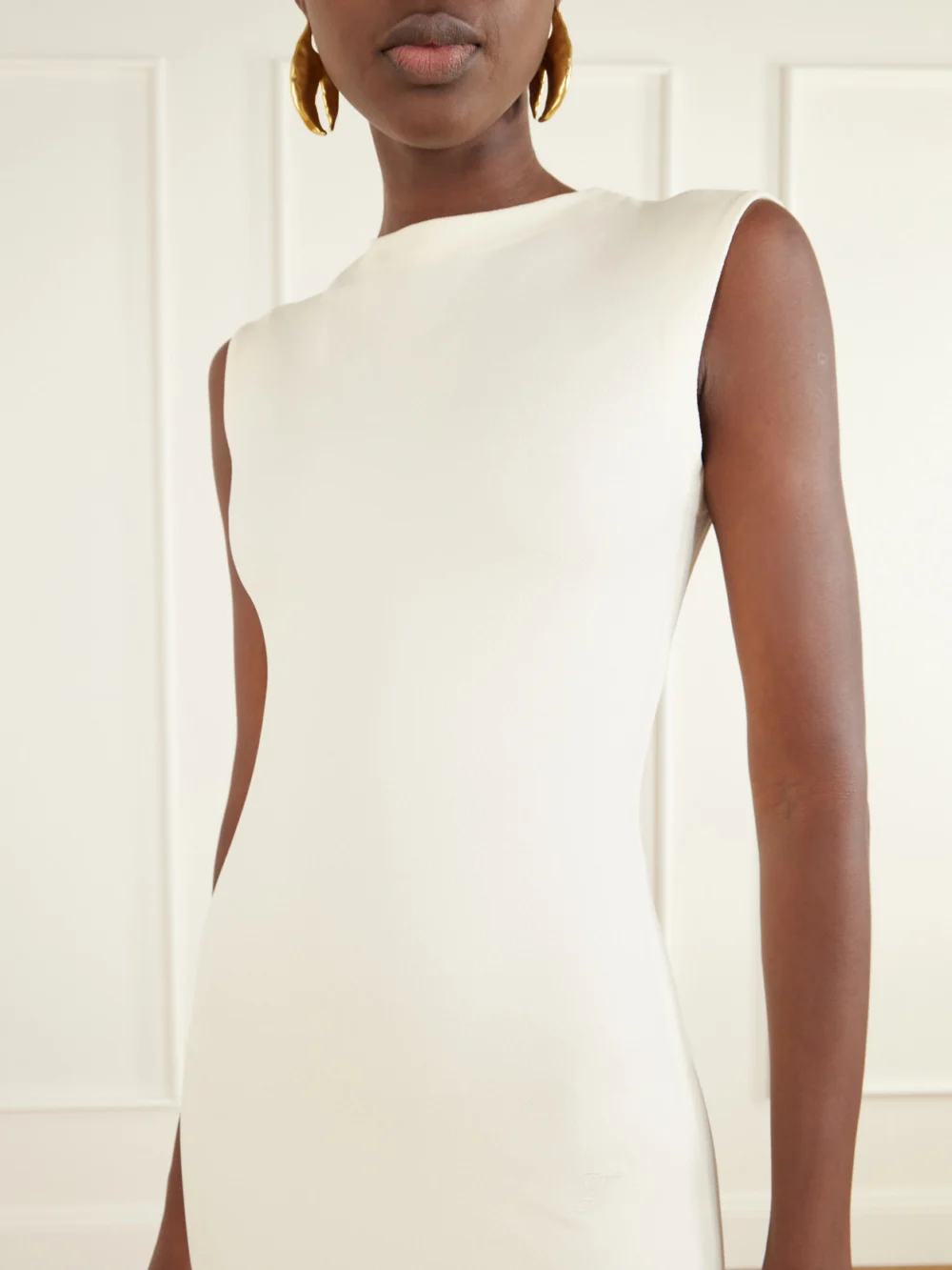Close-up detail of the Jacquemus La Robe Alba Crepe Midi Dress