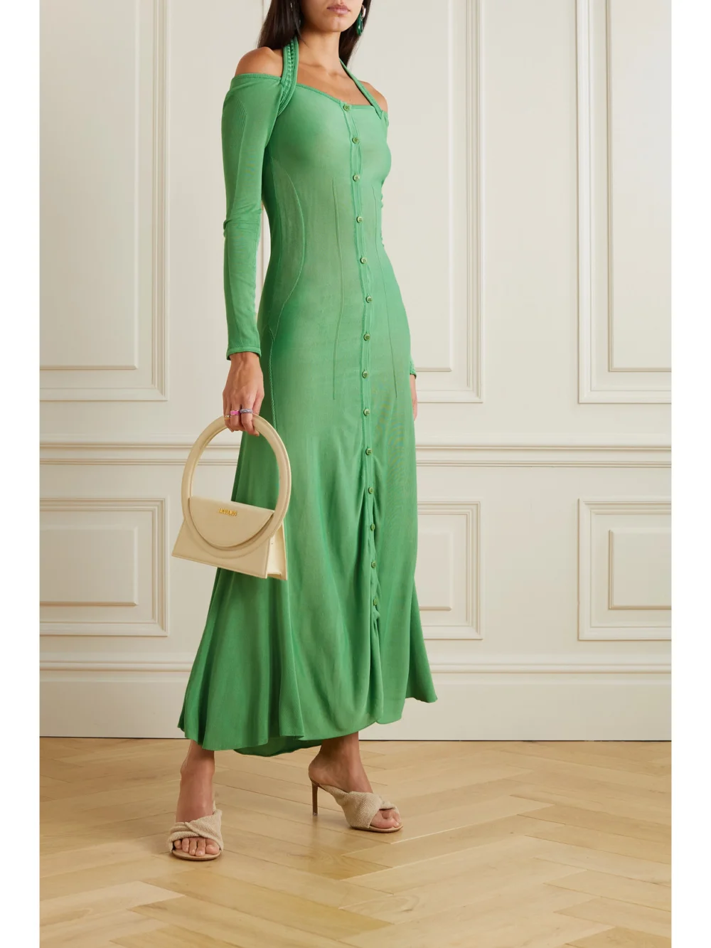 Jacquemus Lagoa Cold-shoulder Stretch-knit Maxi Dress, worn by a model