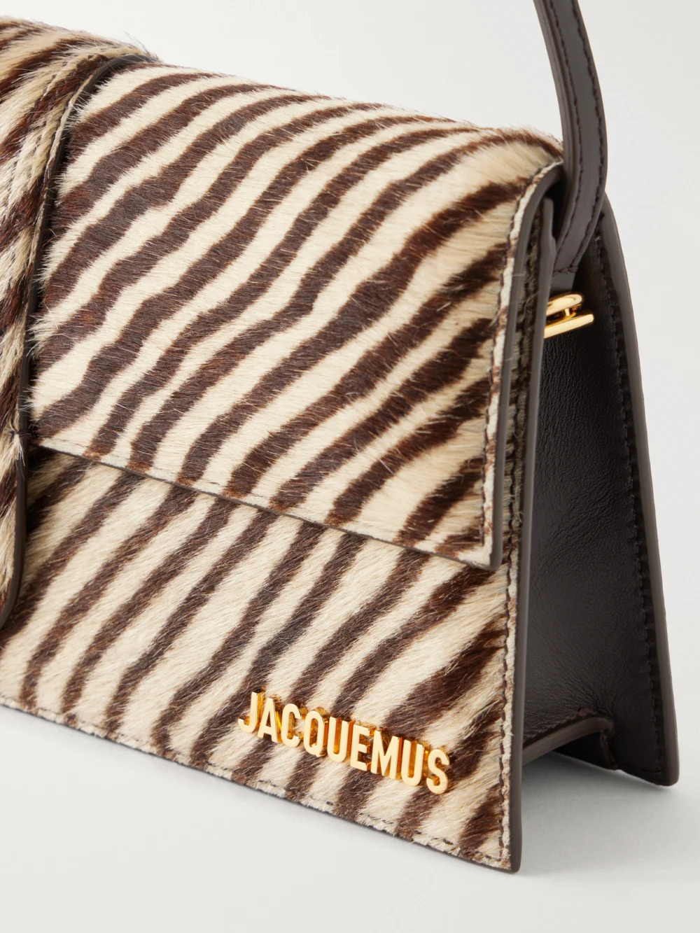 Close-up detail of the Jacquemus Le Bambino Animal-print Calf Hair Shoulder Bag