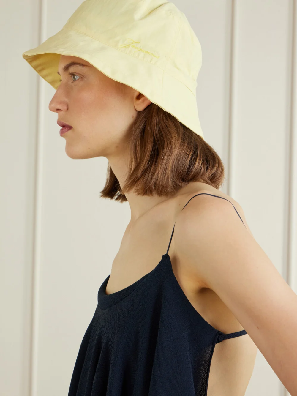 Jacquemus Le Bob Baluchon Embroidered Shell Bucket Hat, styled view
