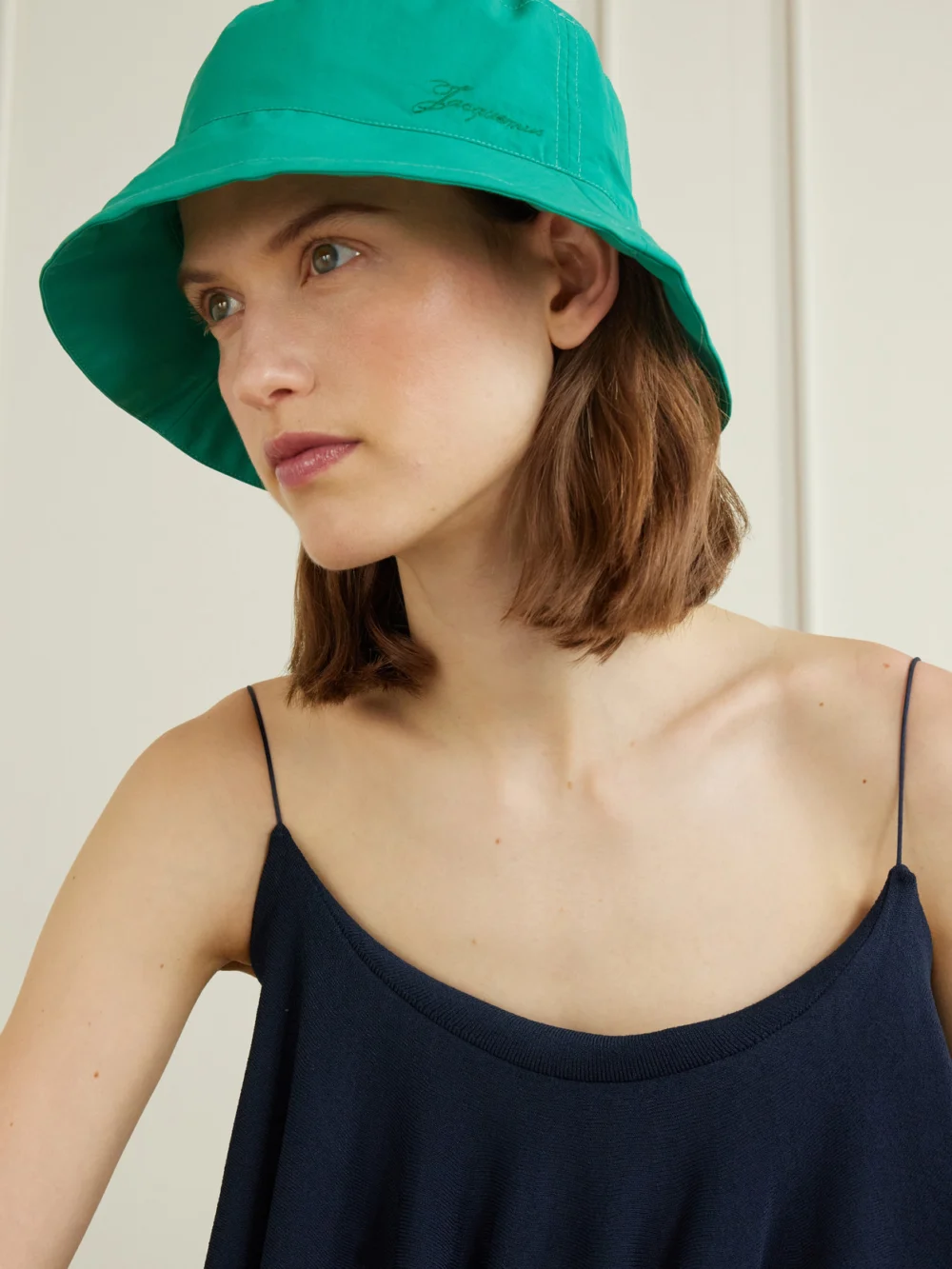 Jacquemus Le Bob Baluchon Embroidered Shell Bucket Hat, styled view