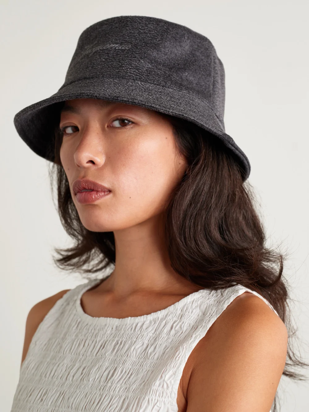 Jacquemus Le Bob Embroidered Wool Bucket Hat, styled view