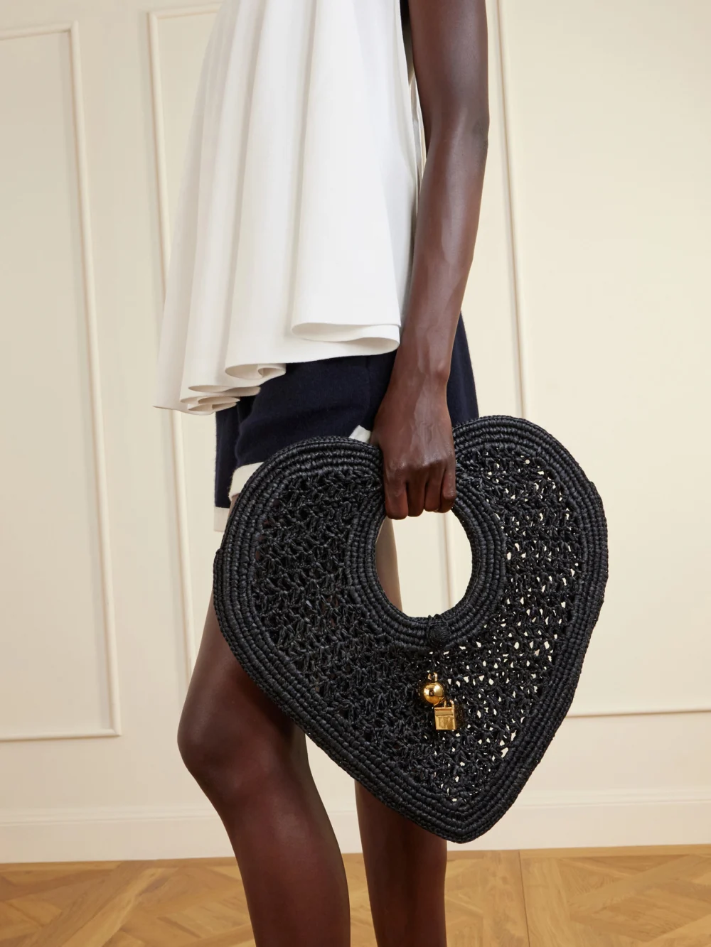 Jacquemus Le Spiaggia Coeur Embellished Raffia Tote, styled view