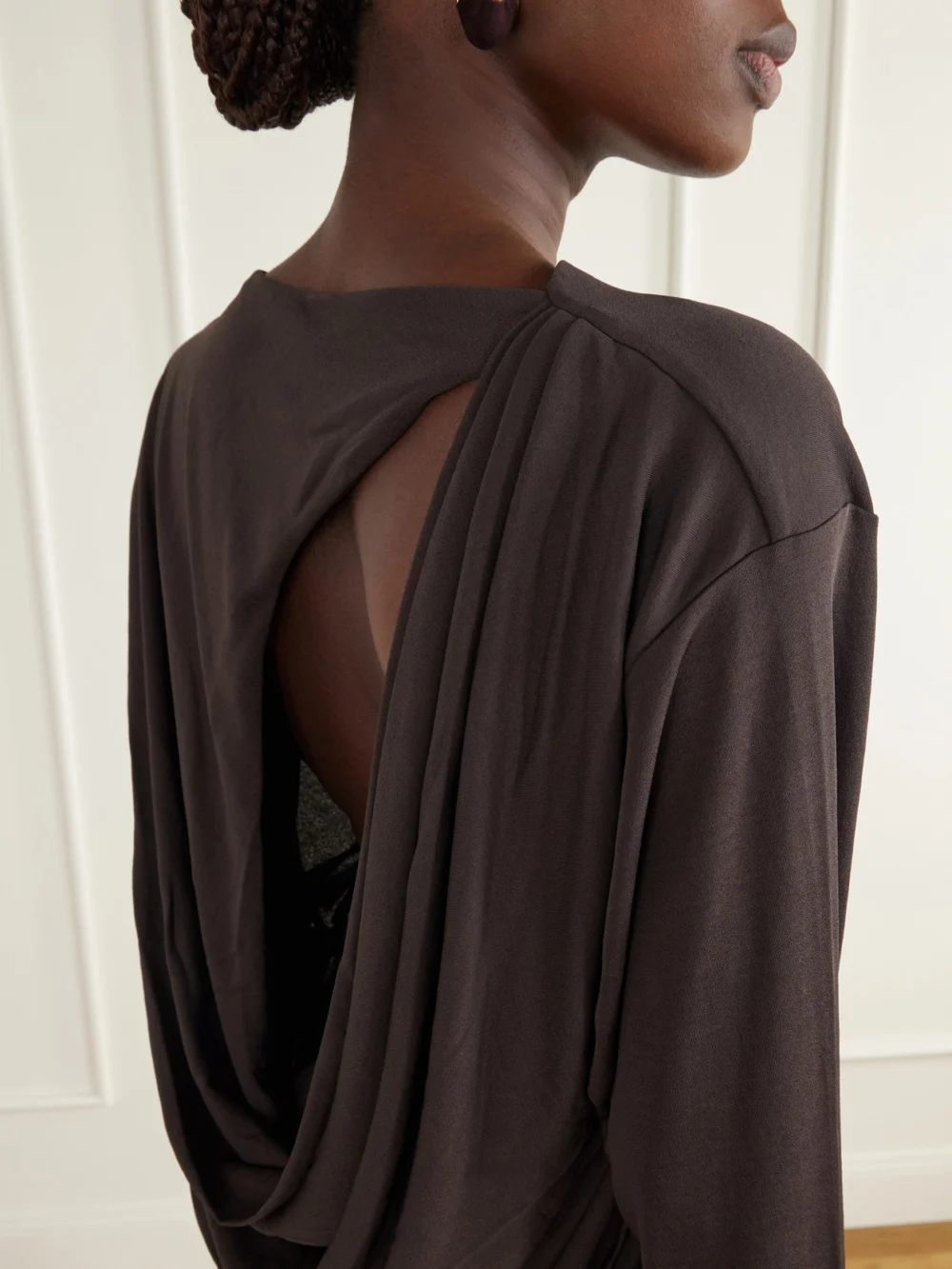 Close-up detail of the Jacquemus Mistral Open-back Draped Stretch-jersey Mini Dress
