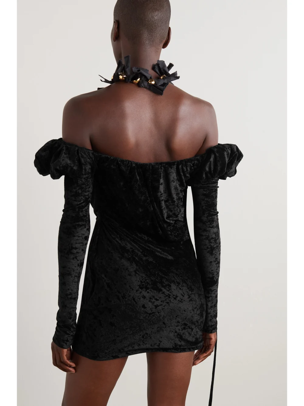 Back view of the Jacquemus Off-the-shoulder Embellished Stretch-velour Mini Dress