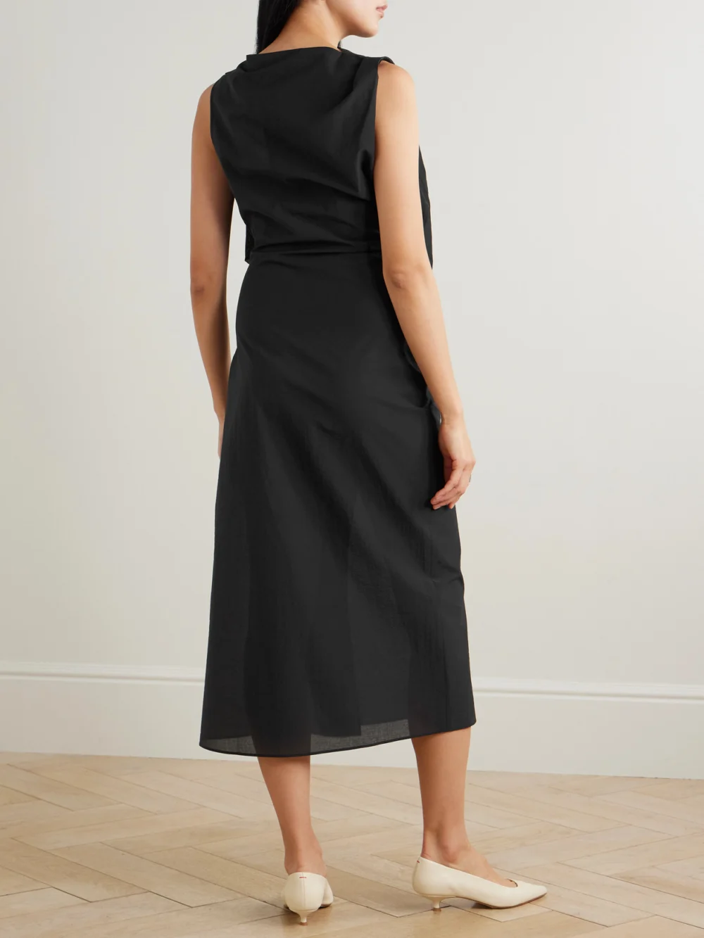 Back view of the Jacquemus The Drapeado Draped Cotton-blend Gauze Midi Dress